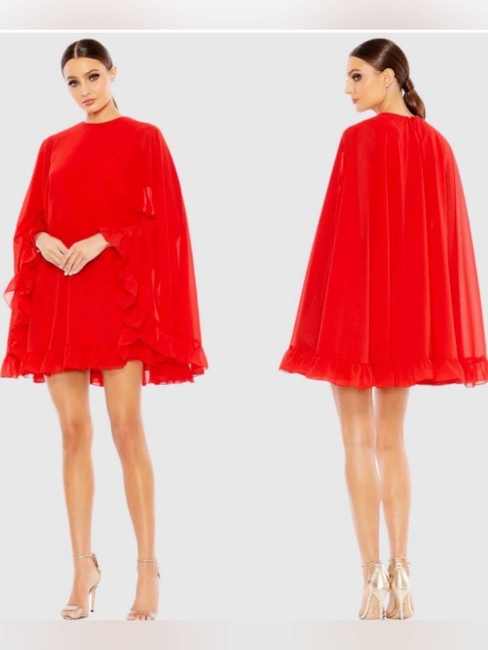 Mac Duggal 554071 High Neck Ruffle Hem Cape Mini Dress Womens 8 NWT Cherry Red - Picture 9 of 9